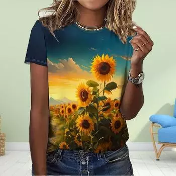 Модная женская футболка с принтом пейзажа и подсолнухов, забавная повседневная футболка с короткими рукавами и круглым вырезом, летняя женская футболка XS синий