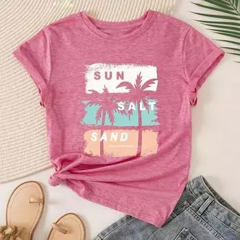 Модная женская футболка с принтом пляжных деревьев, забавная повседневная футболка с круглым вырезом и короткими рукавами, летняя женская футболка XS розовый