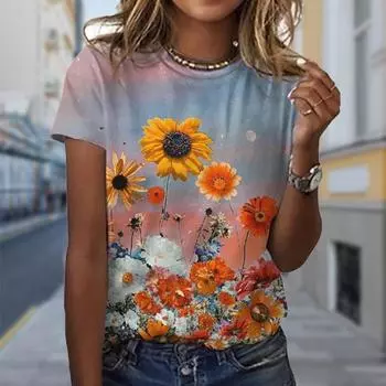 Модная женская футболка с принтом подсолнечника, забавная повседневная футболка с круглым вырезом и короткими рукавами, летняя женская футболка XS белый