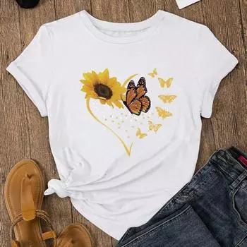 Модная женская футболка с принтом подсолнечника, забавная повседневная футболка с круглым вырезом и короткими рукавами, летняя женская футболка XS белый