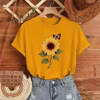Модная женская футболка с принтом подсолнуха, бабочки и растений, забавная повседневная футболка с круглым вырезом и короткими рукавами, летняя женская футболка XS зелёный