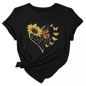 Модная женская футболка с принтом подсолнуха и бабочки, забавная повседневная футболка с круглым вырезом и короткими рукавами, летняя женская футболка XS белый