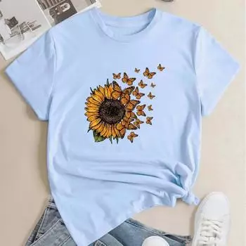 Модная женская футболка с принтом подсолнухов и танцующих бабочек, забавная повседневная футболка с короткими рукавами и круглым вырезом, летняя женская футболка XS фиолетовый