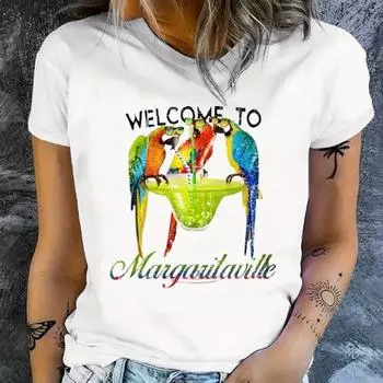 Модная женская футболка с принтом попугаев, пьющих напитки, забавная повседневная футболка с короткими рукавами и круглым вырезом, летняя женская футболка XS белый