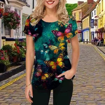 Модная женская футболка с принтом пятнистых бабочек, забавная повседневная футболка с круглым вырезом и короткими рукавами, летняя женская футболка XS зелёный