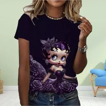 Модная женская футболка с принтом принцессы из мультфильма, забавная повседневная футболка с круглым вырезом и короткими рукавами, летняя женская футболка XS фиолетовый