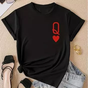 Модная женская футболка с принтом Q & Heart, забавная повседневная футболка с круглым вырезом и короткими рукавами, летняя женская футболка XS белый