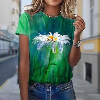Модная женская футболка с принтом ромашки, забавная повседневная футболка с круглым вырезом и короткими рукавами, летняя женская футболка XS синий