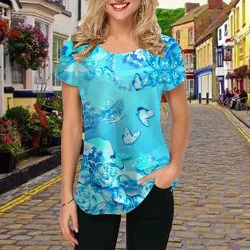 Модная женская футболка с принтом роз и бабочек, забавная повседневная футболка с круглым вырезом и короткими рукавами, летняя женская футболка XS фиолетовый