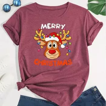 Модная женская футболка с принтом рождественского оленя, фиолетового кольца, забавная повседневная футболка с круглым вырезом и короткими рукавами, летняя женская футболка XS чёрный