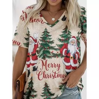 Модная женская футболка с принтом рождественской елки и V-образным вырезом с коротким рукавом, базовые топы, уличная одежда, летняя свободная одежда, женские футболки S
