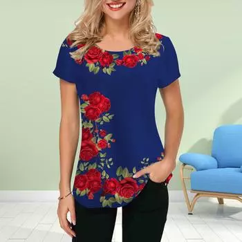 Модная женская футболка с принтом «Розовая ежевика», забавная повседневная футболка с круглым вырезом и короткими рукавами, летняя женская футболка XS синий