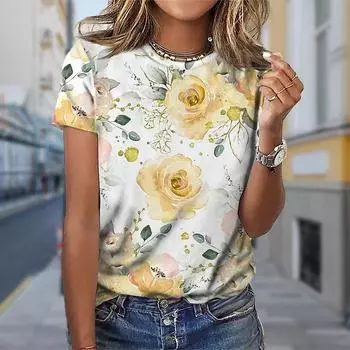 Модная женская футболка с принтом розовых роз, забавная повседневная футболка с круглым вырезом и короткими рукавами, летняя женская футболка XS синий
