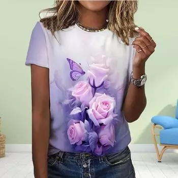 Модная женская футболка с принтом розы, забавная повседневная футболка с круглым вырезом и короткими рукавами, летняя женская футболка XS фиолетовый