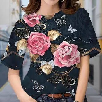 Модная женская футболка с принтом розы, забавная повседневная футболка с круглым вырезом и короткими рукавами, летняя женская футболка XS розовый