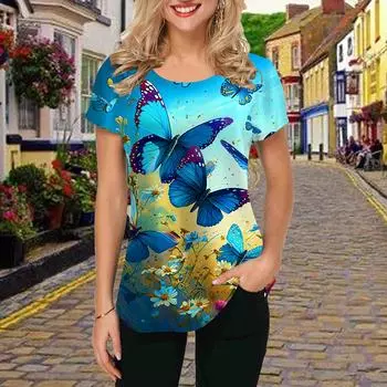 Модная женская футболка с принтом «Садовая бабочка», забавная повседневная футболка с круглым вырезом и короткими рукавами, летняя женская футболка XS синий