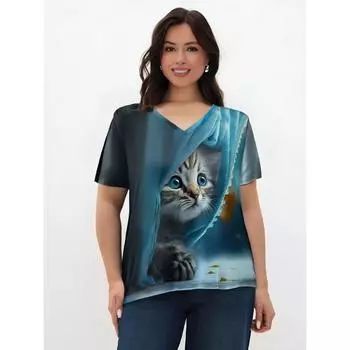 Модная женская футболка с принтом синего кота с коротким рукавом, женские футболки Harajuku, женская футболка, свободные топы с V-образным вырезом, женская одежда с животными S