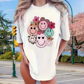 Модная женская футболка с принтом смайликов, забавная повседневная футболка с короткими рукавами и круглым вырезом, летняя женская футболка XS розовый