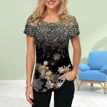 Модная женская футболка с принтом снежинки, забавная повседневная футболка с круглым вырезом и короткими рукавами, летняя женская футболка XS золотой