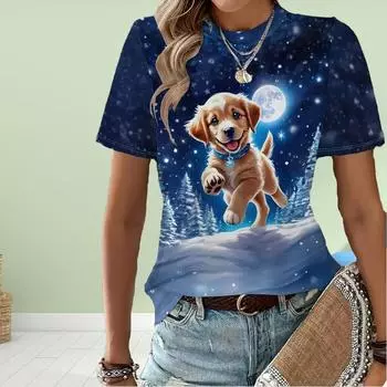Модная женская футболка с принтом «Снежная собака, кошка», забавная повседневная футболка с круглым вырезом и короткими рукавами, летняя женская футболка XS синий