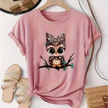 Модная женская футболка с принтом совы и банта из мультфильма, забавная повседневная футболка с круглым вырезом и короткими рукавами, летняя женская футболка XS розовый
