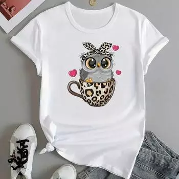 Модная женская футболка с принтом совы в виде чашки, забавная повседневная футболка с круглым вырезом и короткими рукавами, летняя женская футболка XS белый