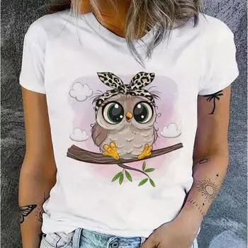 Модная женская футболка с принтом совы в мультяшном стиле Q-версии, забавная повседневная футболка с короткими рукавами и круглым вырезом, летняя женская футболка XS розовый