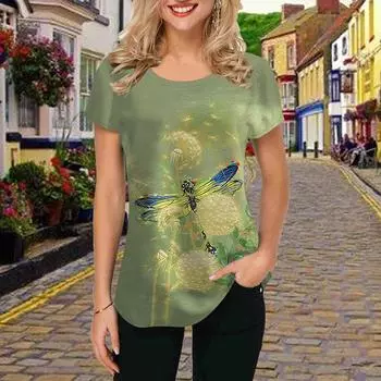 Модная женская футболка с принтом стрекозы, забавная повседневная футболка с круглым вырезом и короткими рукавами, летняя женская футболка XS зелёный