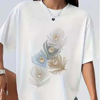 Модная женская футболка с принтом светящихся перьев, забавная повседневная футболка с круглым вырезом и короткими рукавами, летняя женская футболка XS белый