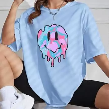 Модная женская футболка с принтом улыбающейся птицы, курицы, собаки, забавная повседневная футболка с круглым вырезом и короткими рукавами, летняя женская футболка XS розовый