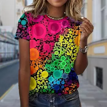 Модная женская футболка с принтом в цветные точки, забавная повседневная футболка с круглым вырезом и короткими рукавами, летняя женская футболка XS темно-синий