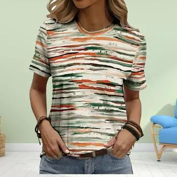Модная женская футболка с принтом в яркие горизонтальные полосы, забавная повседневная футболка с круглым вырезом и короткими рукавами, летняя женская футболка XS розовый