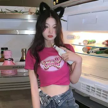 Модная женская футболка с принтом в стиле Y2k, укороченный топ с круглым вырезом, однотонная уличная одежда с короткими рукавами XL белый