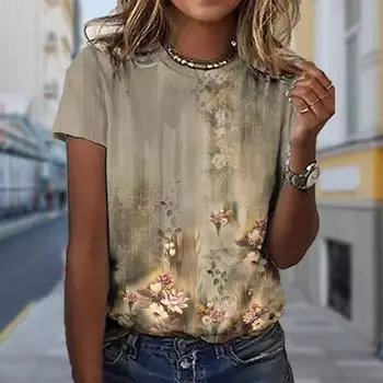 Модная женская футболка с принтом в стиле ретро, забавная повседневная футболка с круглым вырезом и короткими рукавами, летняя женская футболка XS бежевый