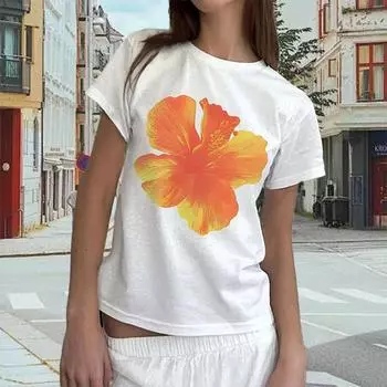 Модная женская футболка с принтом в виде растений и цветов, забавная повседневная футболка с круглым вырезом и короткими рукавами, летняя женская футболка XS белый