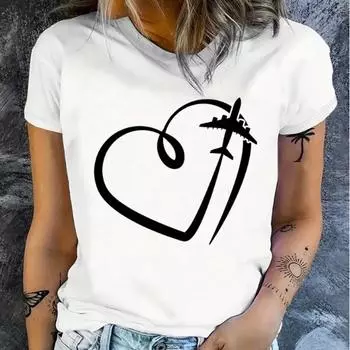 Модная женская футболка с принтом в виде самолета в форме сердца, забавная повседневная футболка с короткими рукавами и круглым вырезом, летняя женская футболка XS белый