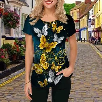Модная женская футболка с принтом в виде бабочки, забавная повседневная футболка с круглым вырезом и короткими рукавами, летняя женская футболка