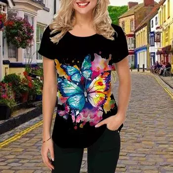 Модная женская футболка с принтом в виде бабочек и граффити, забавная повседневная футболка с круглым вырезом и короткими рукавами, летняя женская футболка XS белый