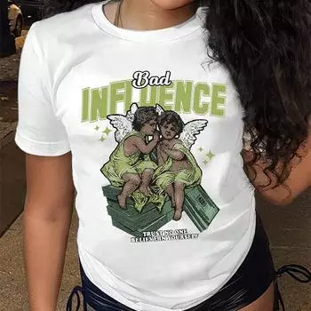 Модная женская футболка с принтом в виде ангела и букв, забавная повседневная футболка с короткими рукавами и круглым вырезом, летняя женская футболка XS белый