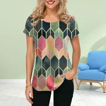 Модная женская футболка с принтом в виде ромба, забавная повседневная футболка с круглым вырезом и короткими рукавами, летняя женская футболка XS синий
