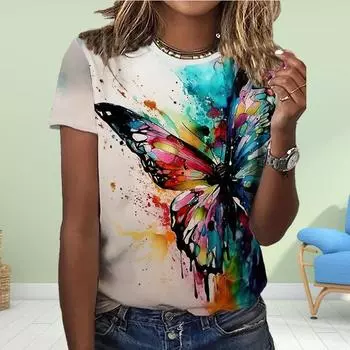 Модная женская футболка с принтом в виде расписных бабочек, забавная повседневная футболка с короткими рукавами и круглым вырезом, летняя женская футболка XS синий