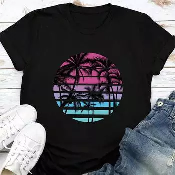 Модная женская футболка с принтом в виде кокосовой пальмы, забавная повседневная футболка с круглым вырезом и короткими рукавами, летняя женская футболка XS розовый
