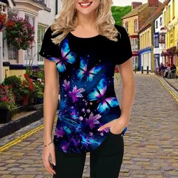 Модная женская футболка с принтом в виде светящихся цветов, забавная повседневная футболка с круглым вырезом и короткими рукавами, летняя женская футболка XS фиолетовый