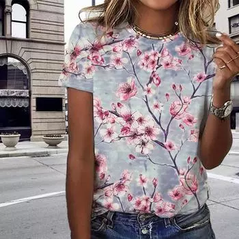 Модная женская футболка с принтом в виде цветов и листьев, забавная повседневная футболка с круглым вырезом и короткими рукавами, летняя женская футболка XS синий