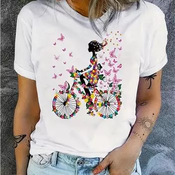 Модная женская футболка с принтом велосипеда и бабочки, забавная повседневная футболка с круглым вырезом и короткими рукавами, летняя женская футболка XS белый