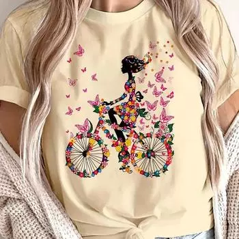 Модная женская футболка с принтом велосипеда, забавная повседневная футболка с круглым вырезом и короткими рукавами, летняя женская футболка XS белый