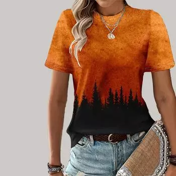 Модная женская футболка с принтом заката и леса, забавная повседневная футболка с круглым вырезом и короткими рукавами, летняя женская футболка XS синий