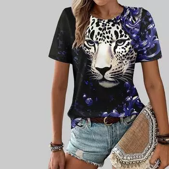 Модная женская футболка с принтом «Жестокий гепард», забавная повседневная футболка с круглым вырезом и короткими рукавами, летняя женская футболка XS синий