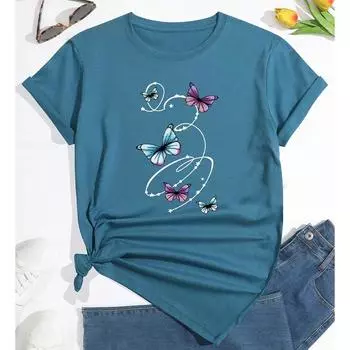 Модная женская футболка с принтом животных и бабочек, забавная повседневная футболка с круглым вырезом и короткими рукавами, летняя женская футболка XS розовый