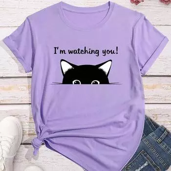 Модная женская футболка с принтом животных и котом, забавная повседневная футболка с круглым вырезом и короткими рукавами, летняя женская футболка XS фиолетовый